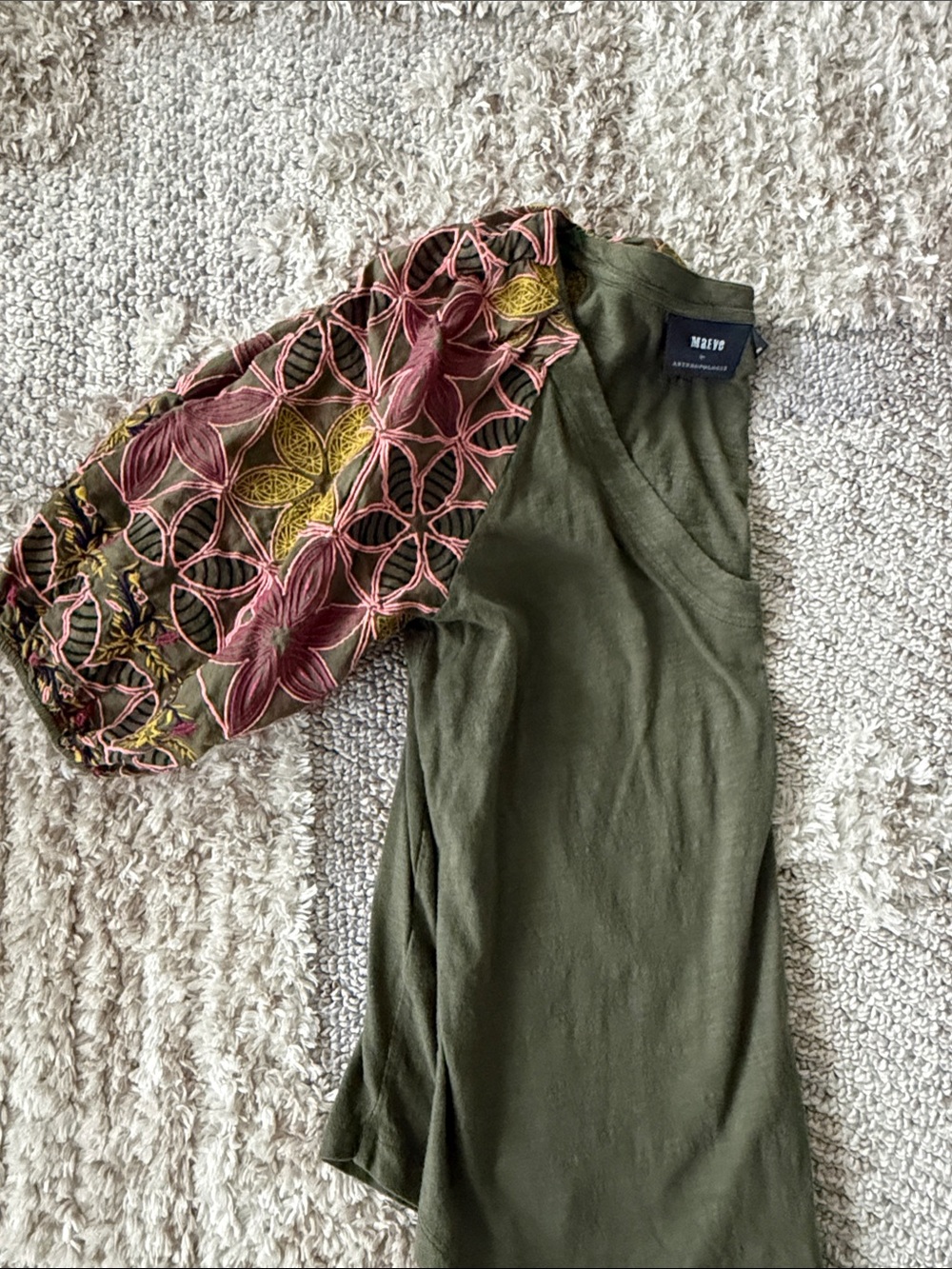 Maeve Anthropologie Scoop Neck Top with Pink and Yellow Floral Embroidered